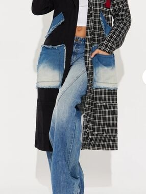 Fashion Nova Black & Blue Patchwork Denim Trench Coat